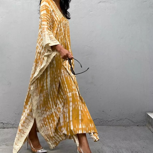SOLD OUT New Mustard Bohemian Tie Dye Kaftan Kimono Dress - Picture 3 of 8